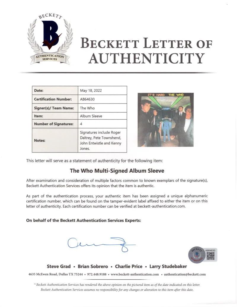 Roger Daltrey, John Entwistle, Kenney Jones, Pete Townshend — The Who Full Band Signed Autograph Record - Pete Roger John Kenney Beckett COA, изображение 5