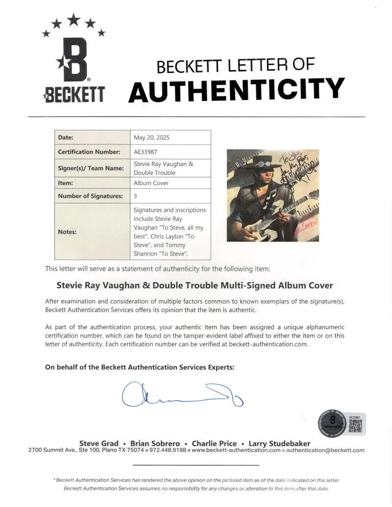 Chris Layton, Tommy Shannon, Stevie Ray Vaughan — Stevie Ray Vaughan and Double Trouble Signed Autograph Album Record Beckett COA, image 3