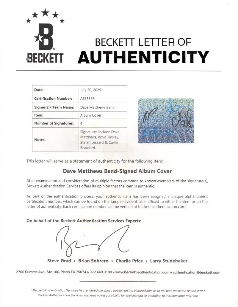 Carter Beauford, Stefan Lessard, Dave Matthews, Boyd Tinsley — Dave Matthews Band x4 Signed Autograph Remember 2 Things Album Vinyl Beckett COA, image 4