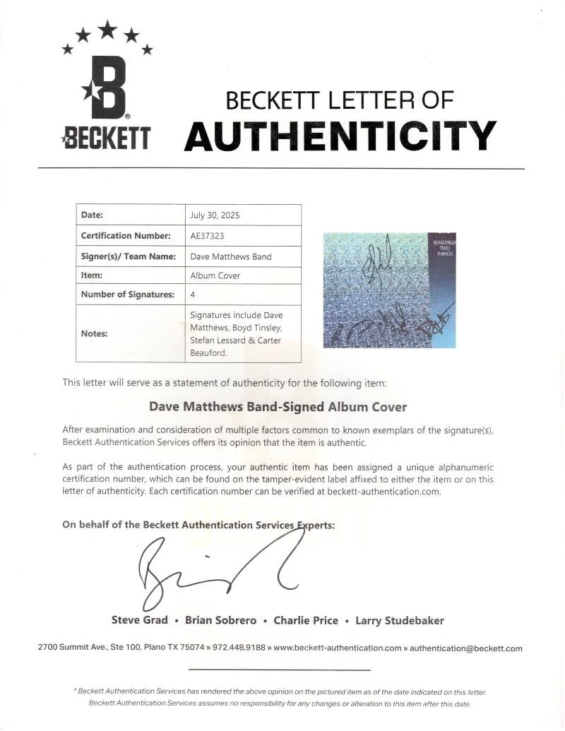 Carter Beauford, Stefan Lessard, Dave Matthews, Boyd Tinsley — Dave Matthews Band Signed Autograph Record - Dave Boyd Carter Stefan Beckett COA, image 4