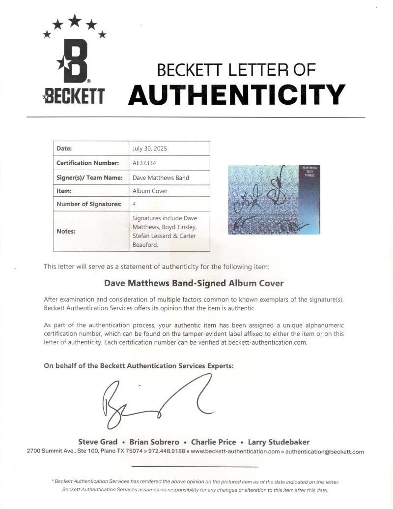 Carter Beauford, Stefan Lessard, Dave Matthews, Boyd Tinsley — Dave Matthews Band x4 Signed Autograph Remember Album Vinyl Record Beckett COA, изображение 4