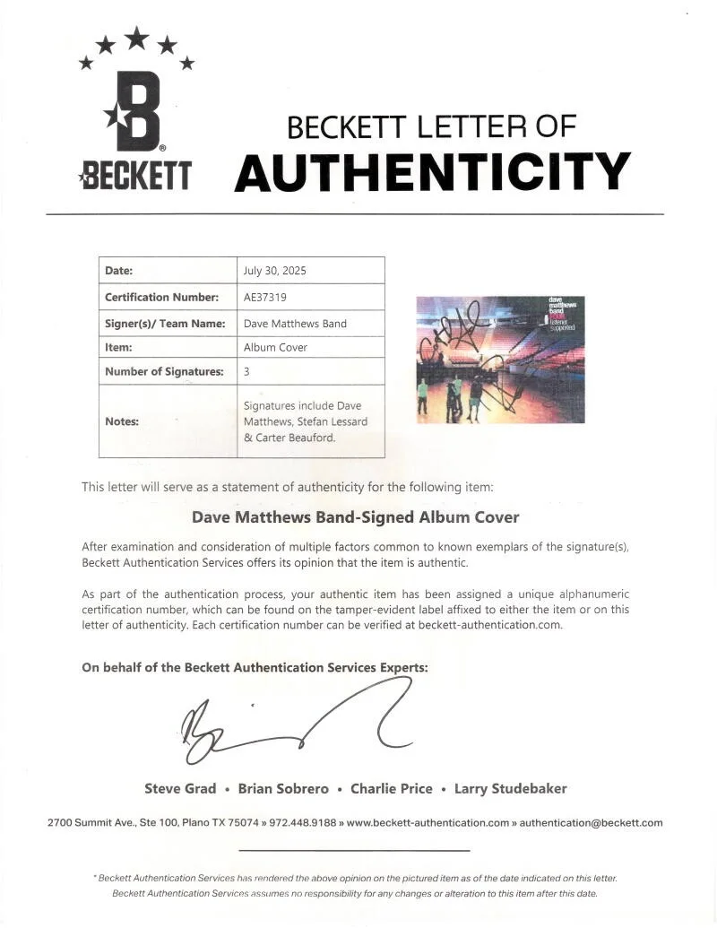 Carter Beauford, Stefan Lessard, Dave Matthews — Dave Matthews Carter & Stefan Signed Autograph DMB Band Album Record Beckett COA, image 4