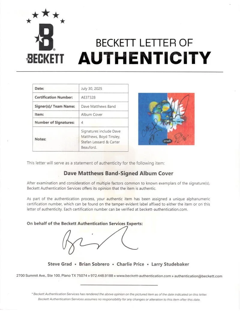 Carter Beauford, Stefan Lessard, Dave Matthews, Boyd Tinsley — Dave Matthews Band Signed Autograph Crash Album - Dave Boyd Carter Stefan w/ BAS, изображение 4