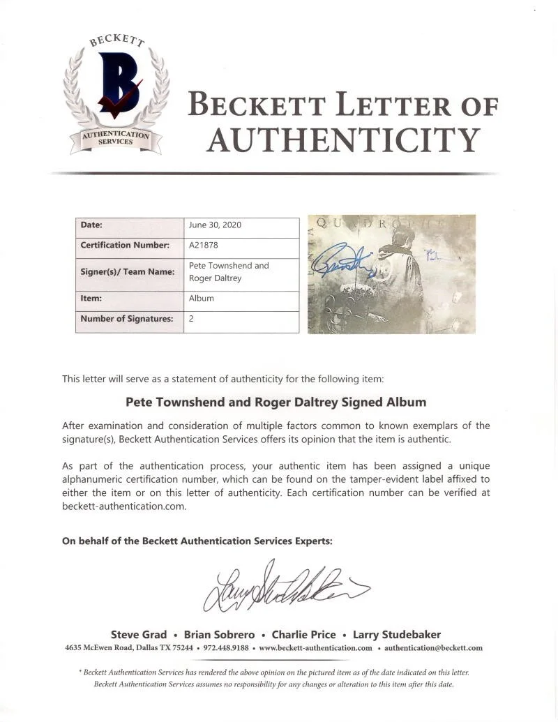 Roger Daltrey, Pete Townshend — Roger Daltrey & Pete Townshend Signed Autograph The Who Quadrophenia Beckett COA, image 3