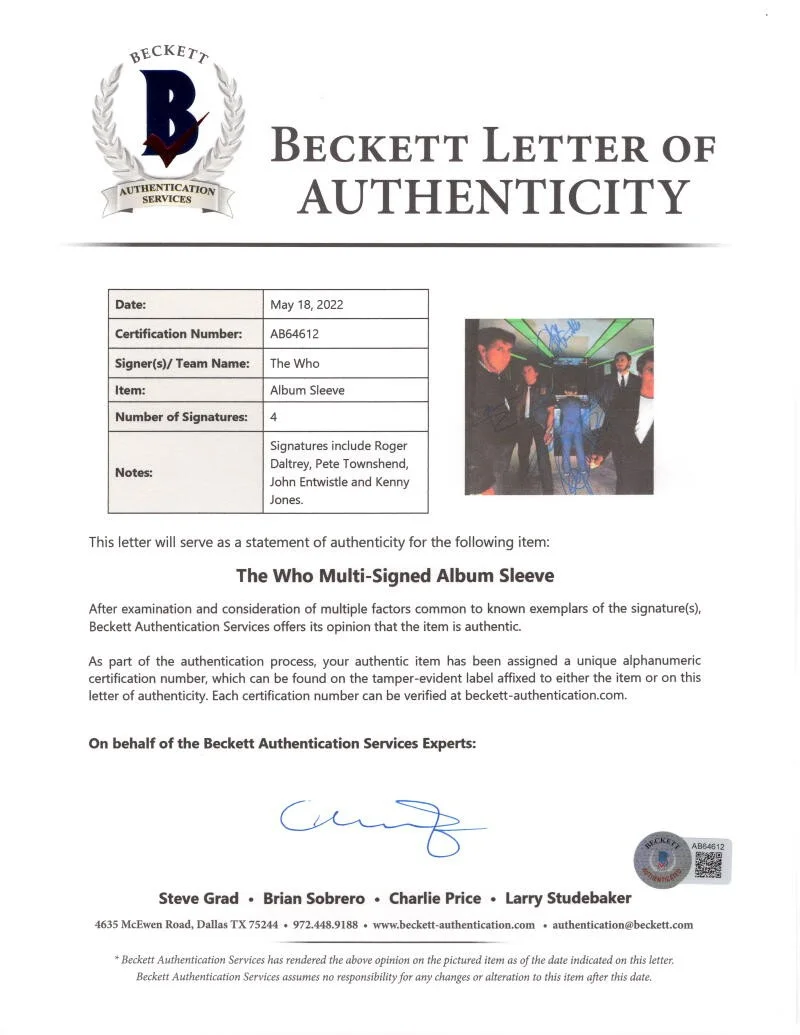 Roger Daltrey, John Entwistle, Kenney Jones, Pete Townshend — The Who Full Band x4 Signed Autograph Album - Pete Roger John Kenney Beckett COA, изображение 3