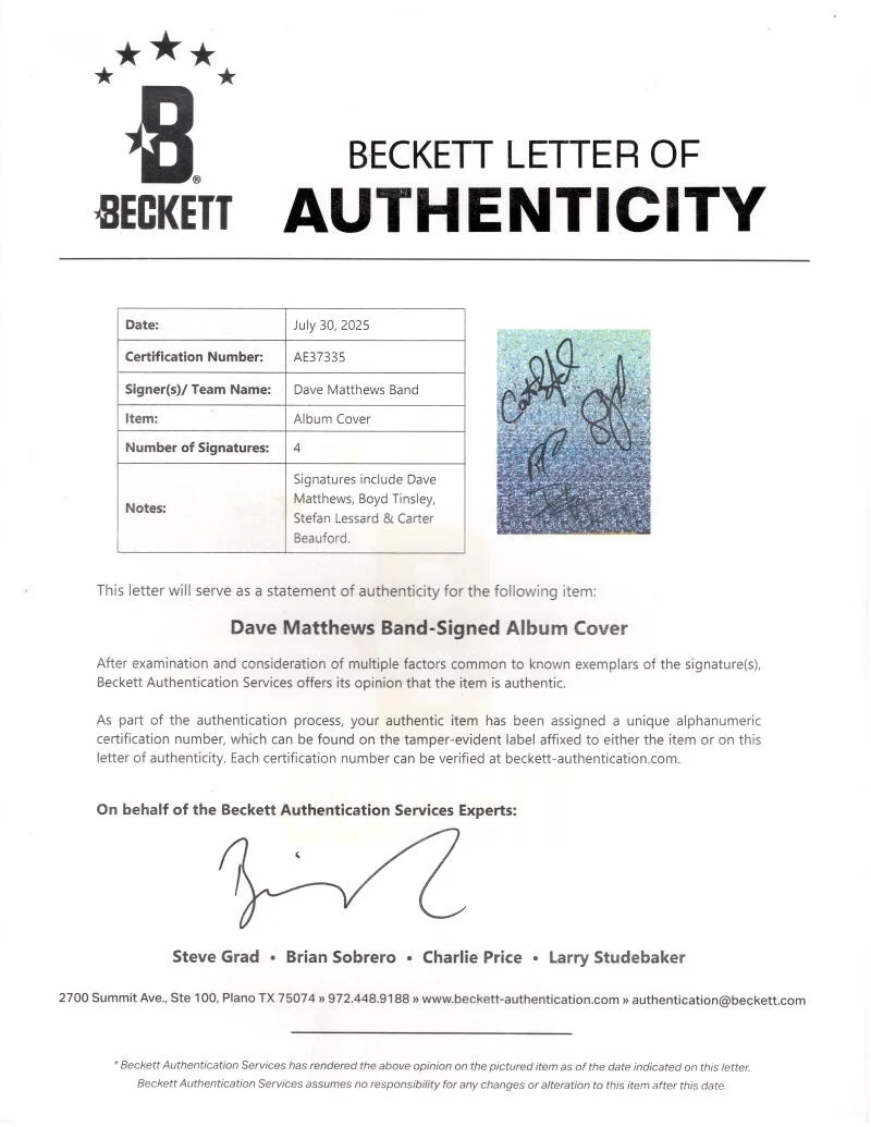 Carter Beauford, Stefan Lessard, Dave Matthews, Boyd Tinsley — Dave Matthews Band Signed Autograph Remember Two Things Album Vinyl Record COA, image 4