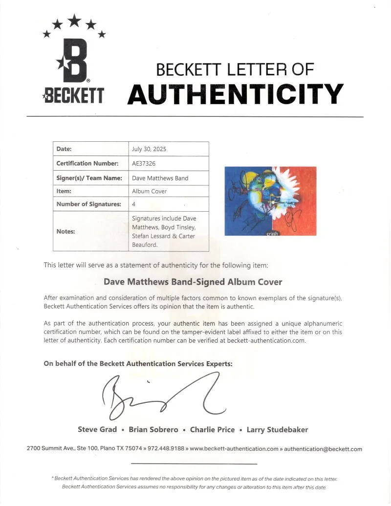 Carter Beauford, Stefan Lessard, Dave Matthews, Boyd Tinsley — Dave Matthews Band x4 Signed Autograph Crash Album Vinyl Record w/ Beckett COA, изображение 4
