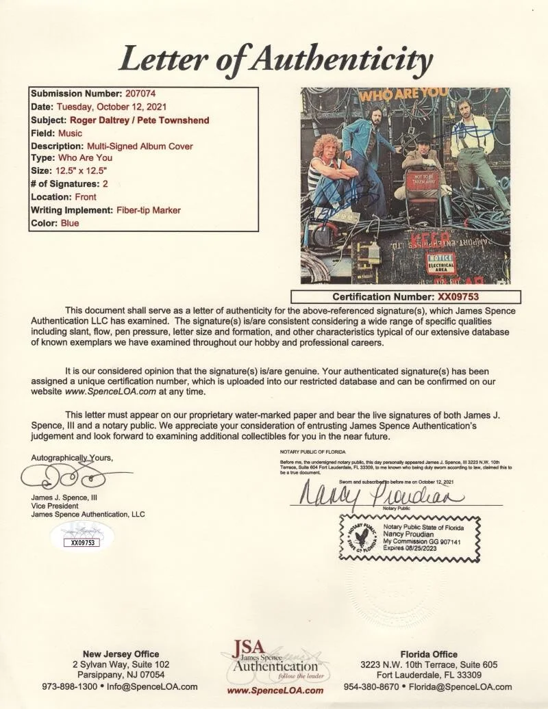 Roger Daltrey, Pete Townshend — Roger Daltrey & Pete Townshend Signed Autograph Who Are You Album Record JSA COA, изображение 3