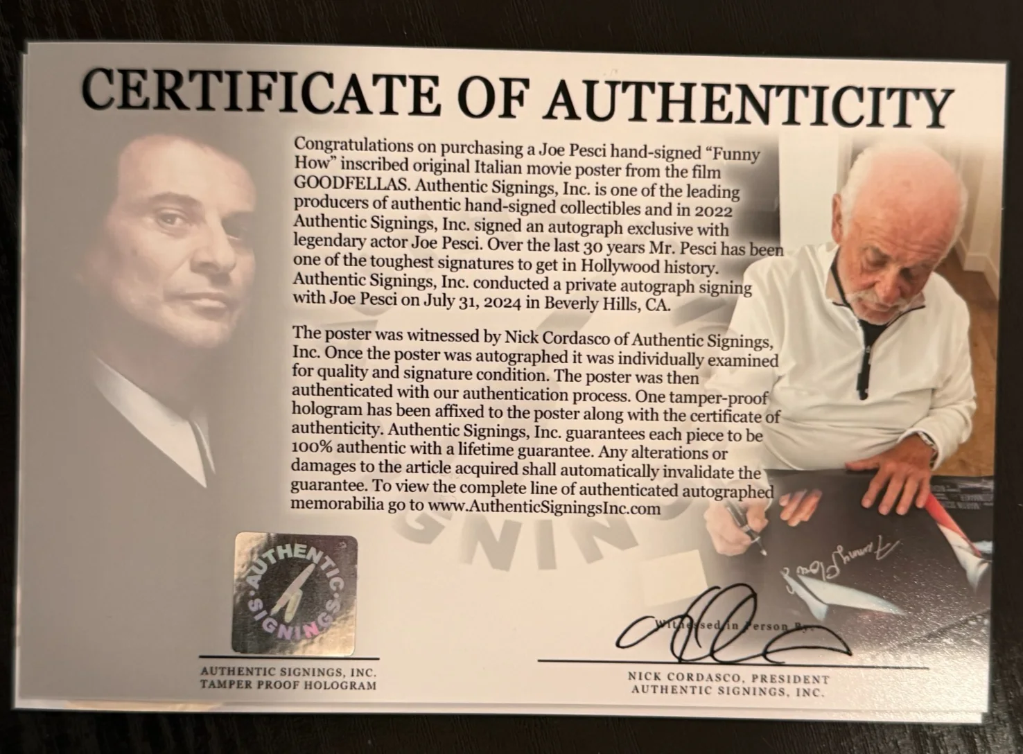 Joe Pesci — Joe Pesci FUNNY HOW? Insc Autographed 1 of 1 GOODFELLAS Italian Poster ASI Proof, изображение 2