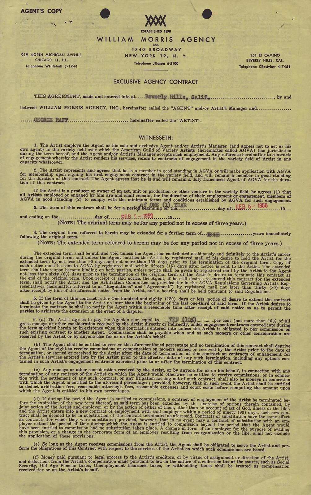 George Raft — GEORGE RAFT - CONTRACT SIGNED 02/06/1958