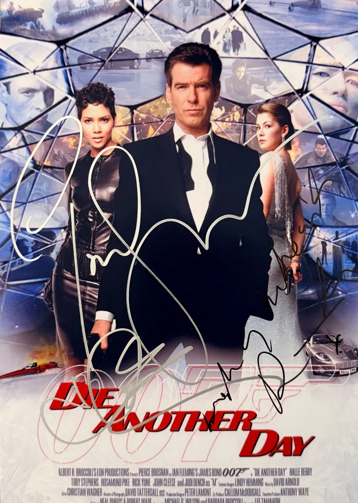 Pierce Brosnan, Halle Berry, Rosamund Pike — Die Another Day Triple Signed 8x11.5 – Brosnan, Halle Berry, Pike w/ COA