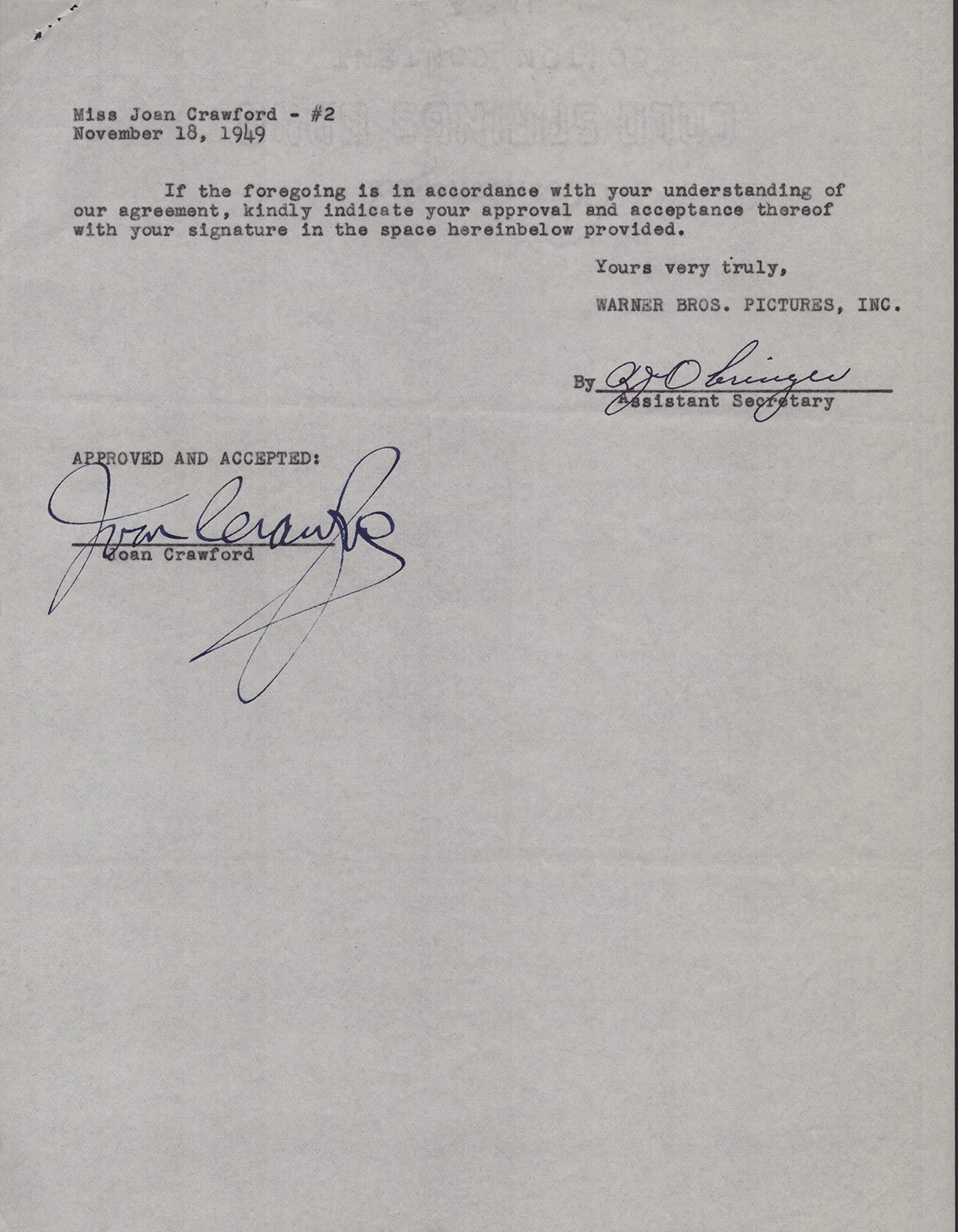 Joan Crawford — JOAN CRAWFORD - CONTRACT SIGNED 11/18/1949, image 2