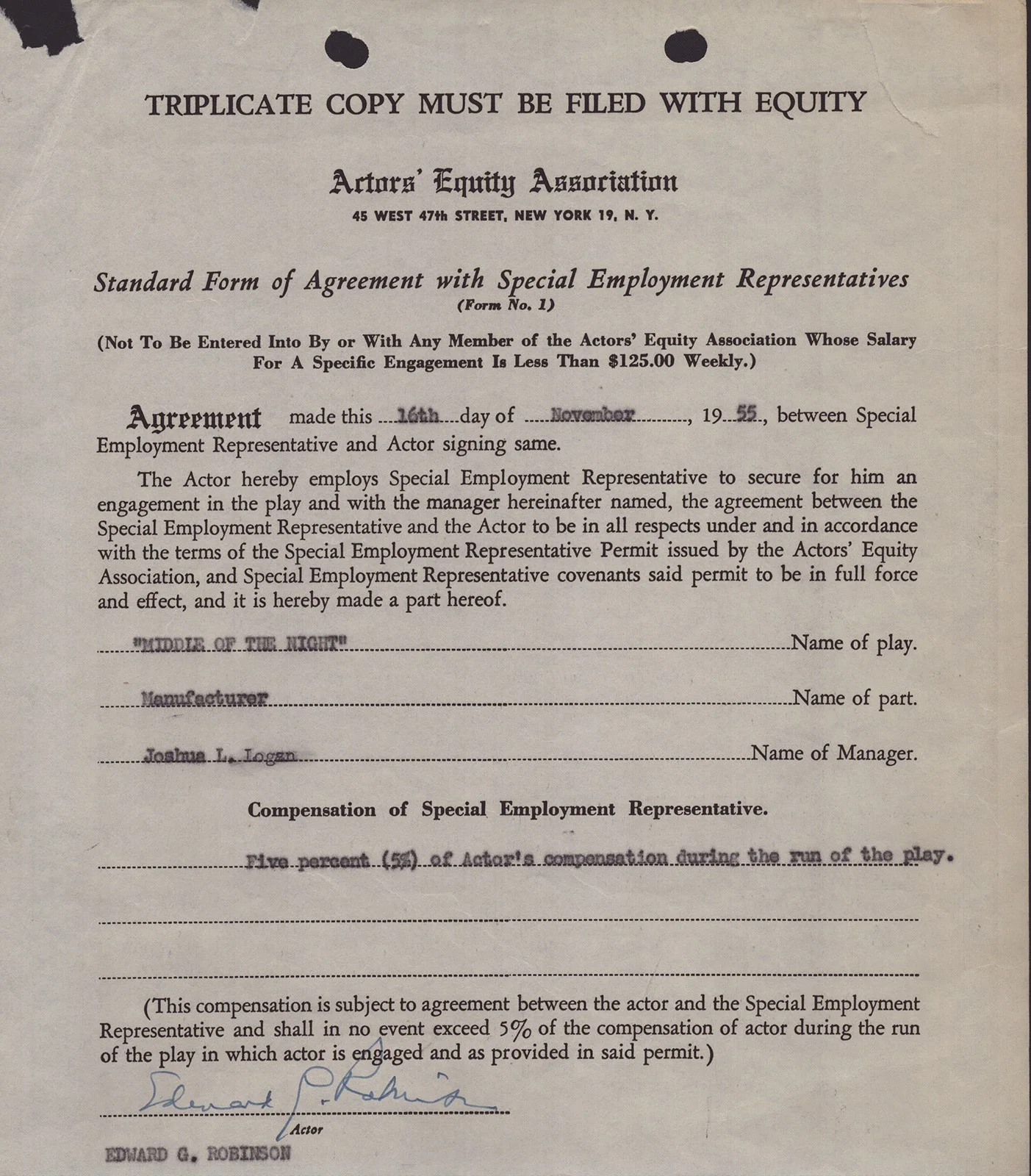 Edward G. Robinson — EDWARD G. ROBINSON - CONTRACT SIGNED 11/16/1955