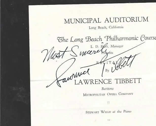 1930 Hand Signed program by Lawrence Tibbett Baritone, изображение 2