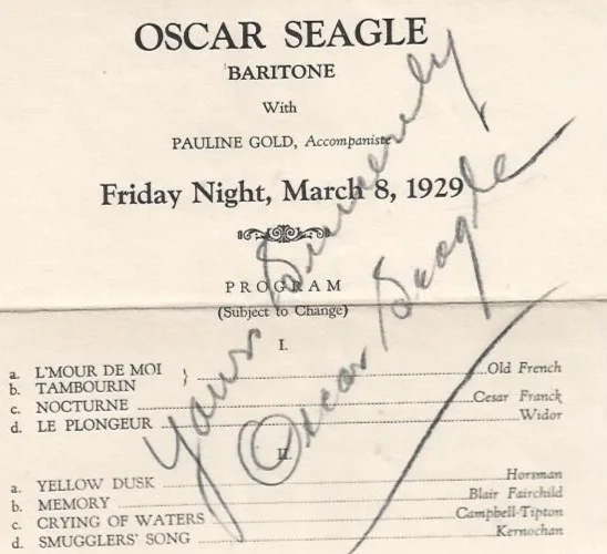 1920's Hand Signed program by Oscar Seagle Baritone, image 2