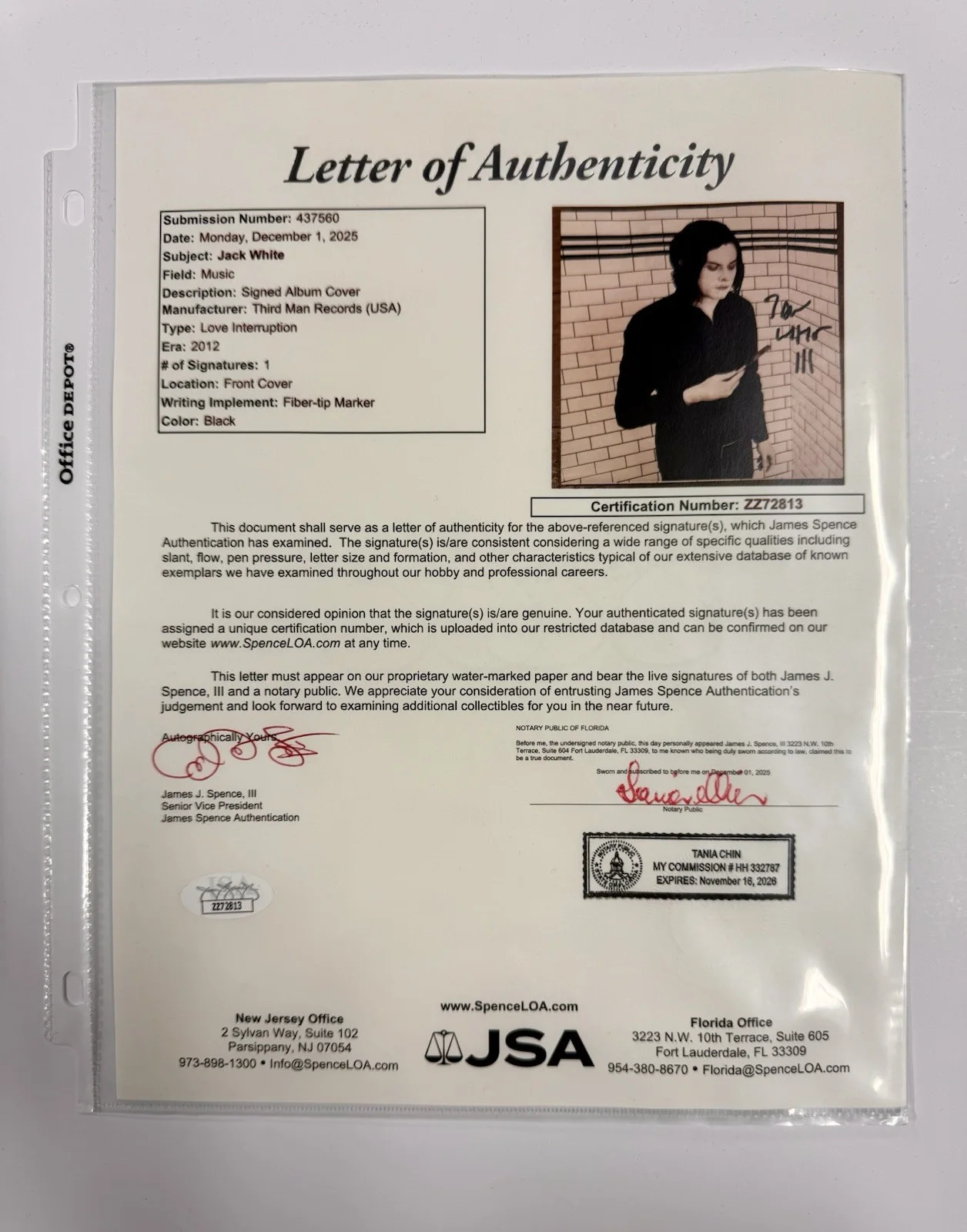 Jack White signed Love Interruption / Machine Gun Silhouette 7" lp JSA Letter, image 4