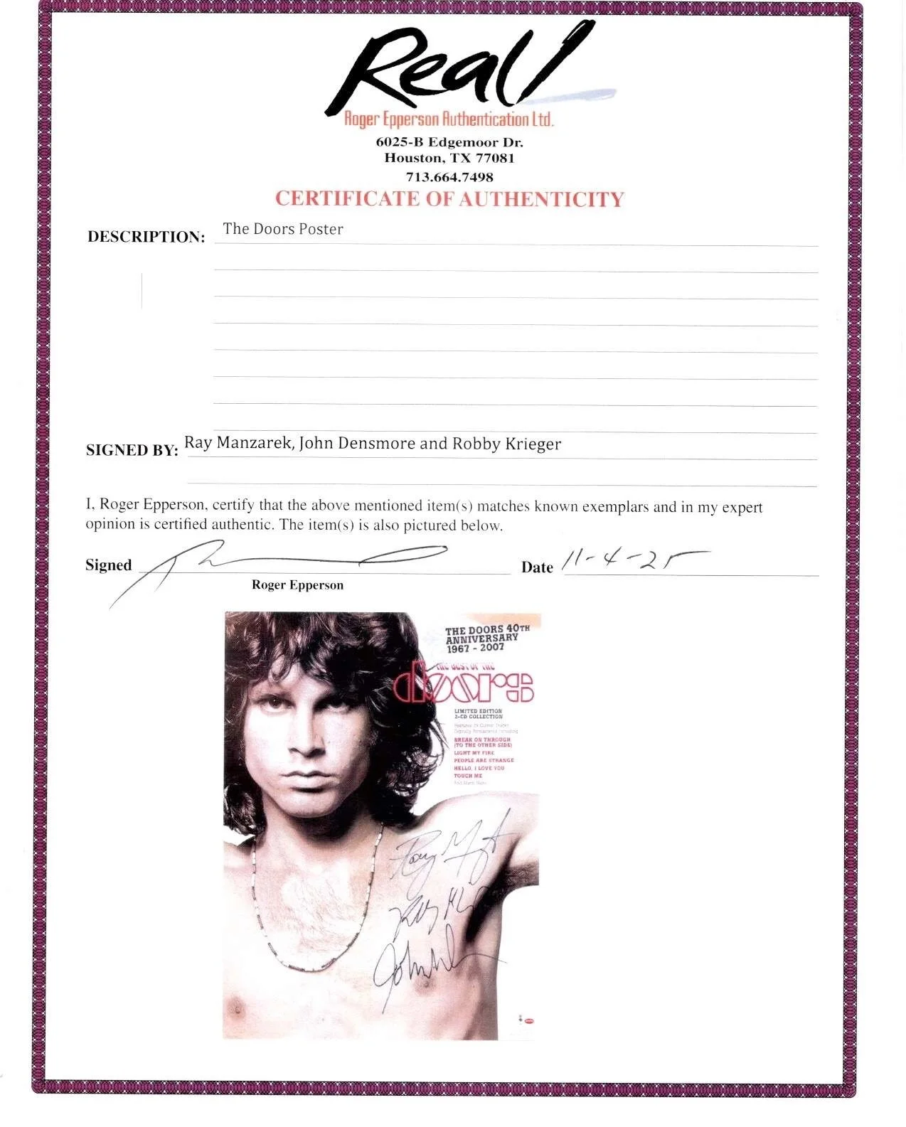 THE DOORS -SIGNED MANZAREK, DENSMORE & KRIEGER Promo Poster ROGER EPPERSON COA, изображение 3