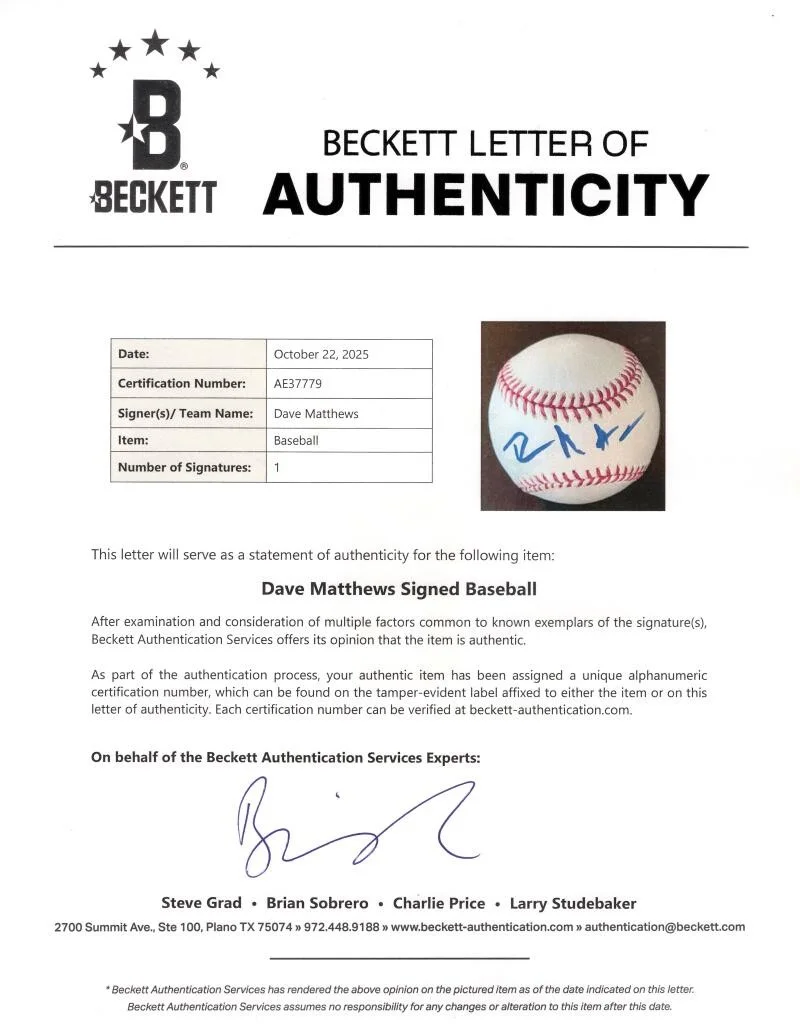Dave Matthews — Dave Matthews Signed Autograph OMLB Baseball Ball - DMB Band w/ Beckett COA, изображение 3