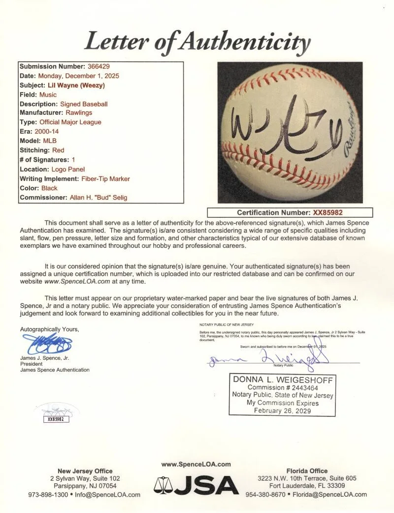 Lil Wayne — Dwayne Carter Lil Wayne Signed Autograph OMLB Baseball Ball - Tha Carter JSA COA, image 3