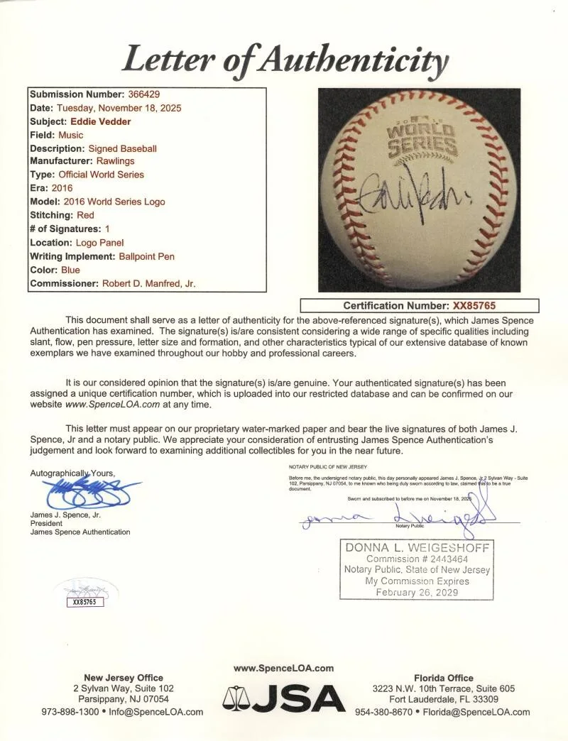 Eddie Vedder — Eddie Vedder Pearl Jam Signed Autograph 2016 Cubs World Series Baseball JSA COA, image 3