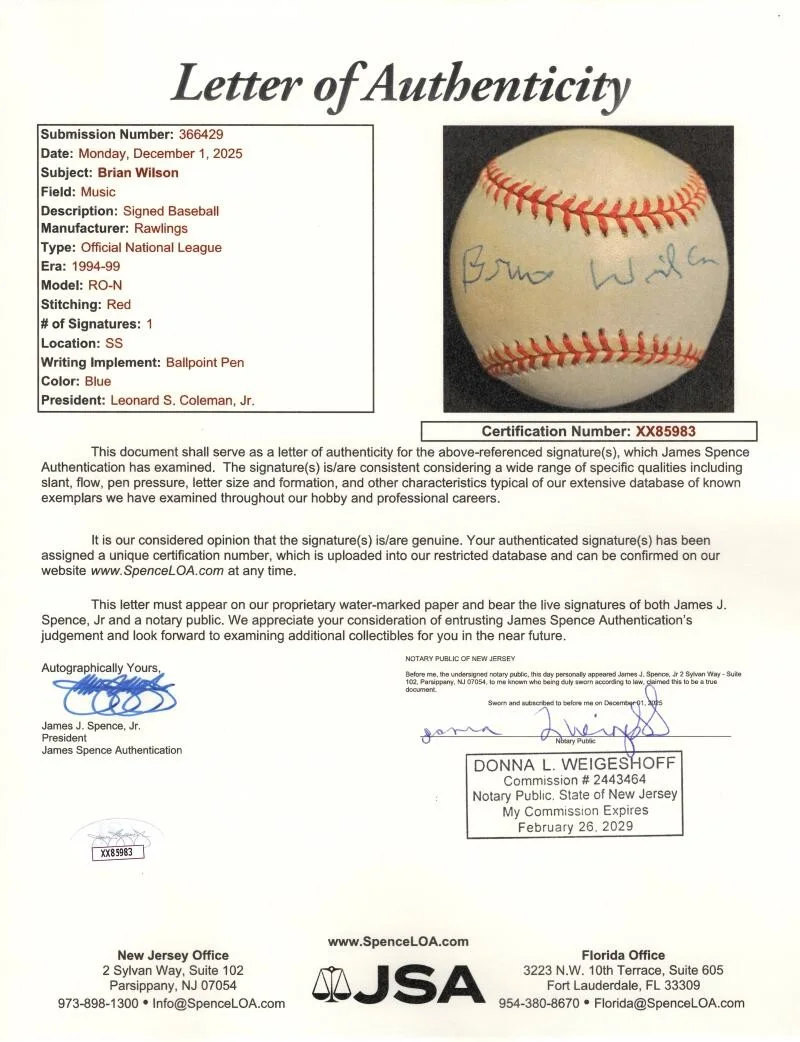Brian Wilson — Brian Wilson Beach Boys Signed Autograph ONLB Baseball Ball - Full Sig! JSA COA, изображение 3