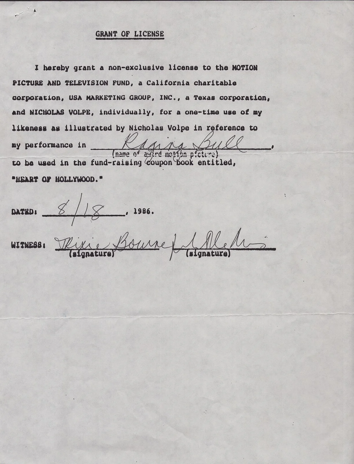 Robert Deniro — ROBERT DENIRO - DOCUMENT SIGNED 08/18/1986