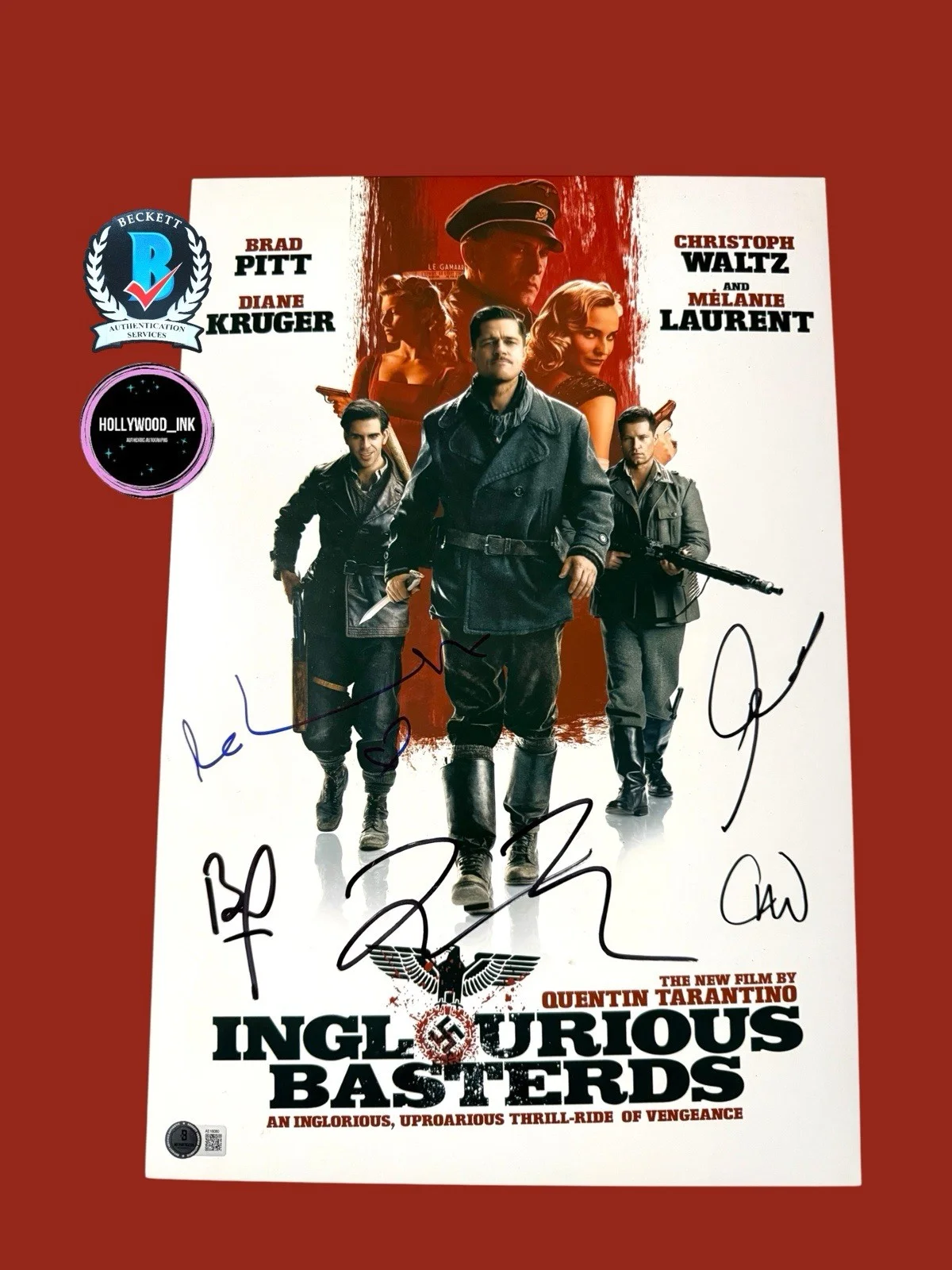 Brad Pitt and Quentin Tarantino — BRAD PITT QUENTIN TARANTINO+3 SIGNED INGLORIOUS BASTARDS AUTOGRAPH 12x18 BAS LOA