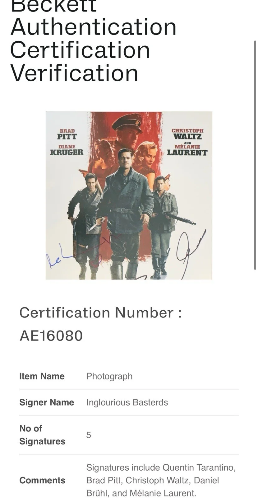 Brad Pitt, Quentin Tarantino — BRAD PITT QUENTIN TARANTINO+3 SIGNED INGLORIOUS BASTARDS AUTOGRAPH 12x18 BAS LOA, изображение 4