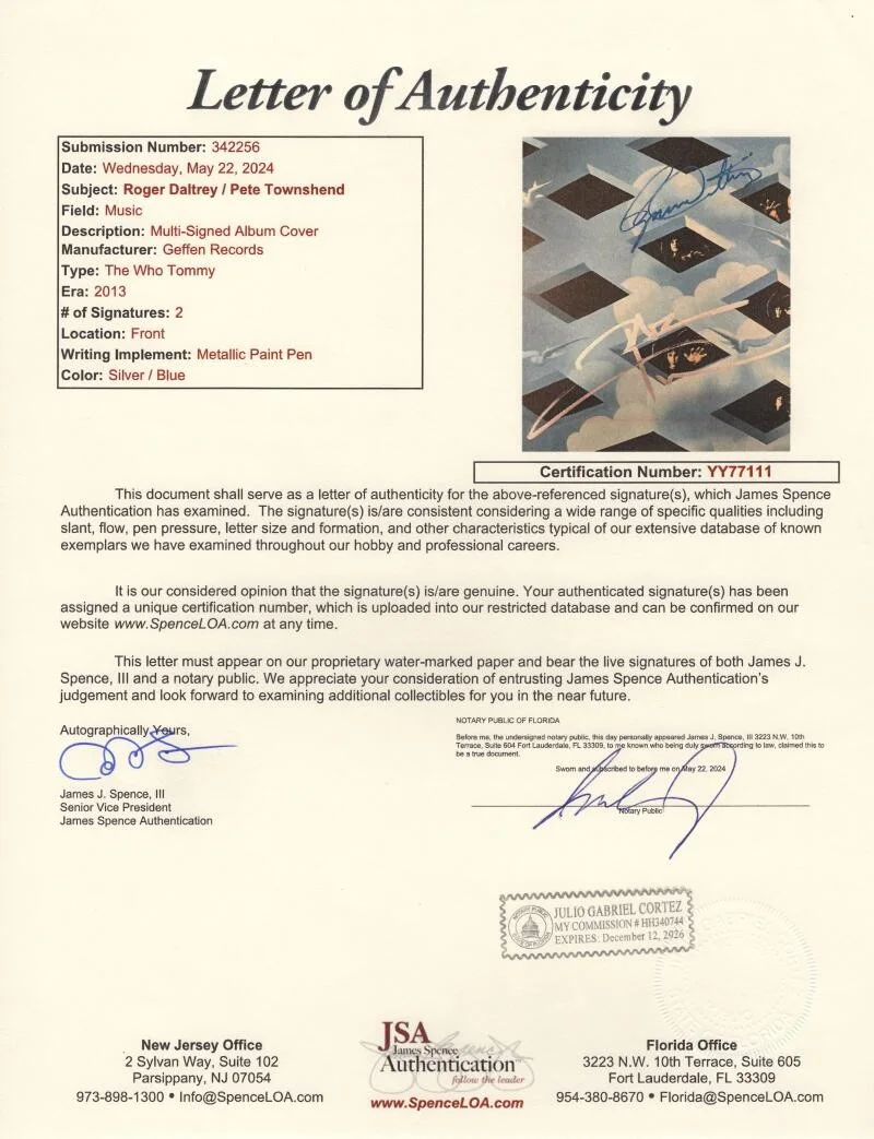 Roger Daltrey, Pete Townshend — Roger Daltrey Pete Townshend Signed Autograph The Who Tommy Album Record JSA COA, изображение 3