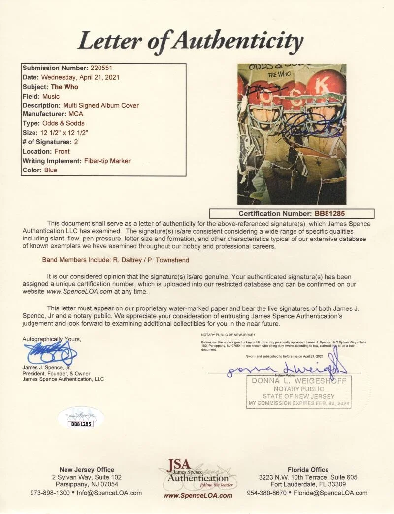 Roger Daltrey, Pete Townshend — Roger Daltrey Pete Townshend Signed Autograph Who Odds & Sods Album Record JSA, image 3