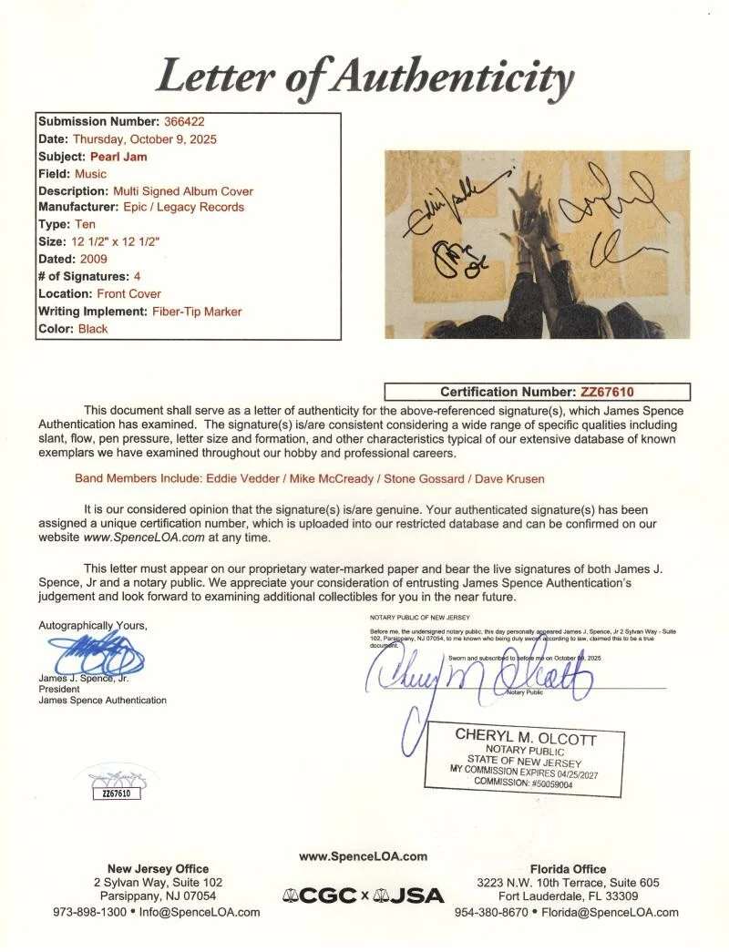 Dave Krusen, Stone Gossard, Mike McCready, Eddie Vedder — Pearl Jam Band x4 Signed Autograph Ten Album Record LP - Eddie Vedder w/ JSA COA, изображение 3