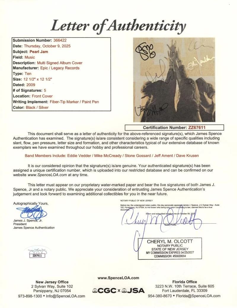 Jeff Ament, Dave Krusen, Stone Gossard, Mike McCready, Eddie Vedd — Pearl Jam Full Band x5 Signed Autograph Ten Album Record - Eddie Vedder JSA COA, image 3