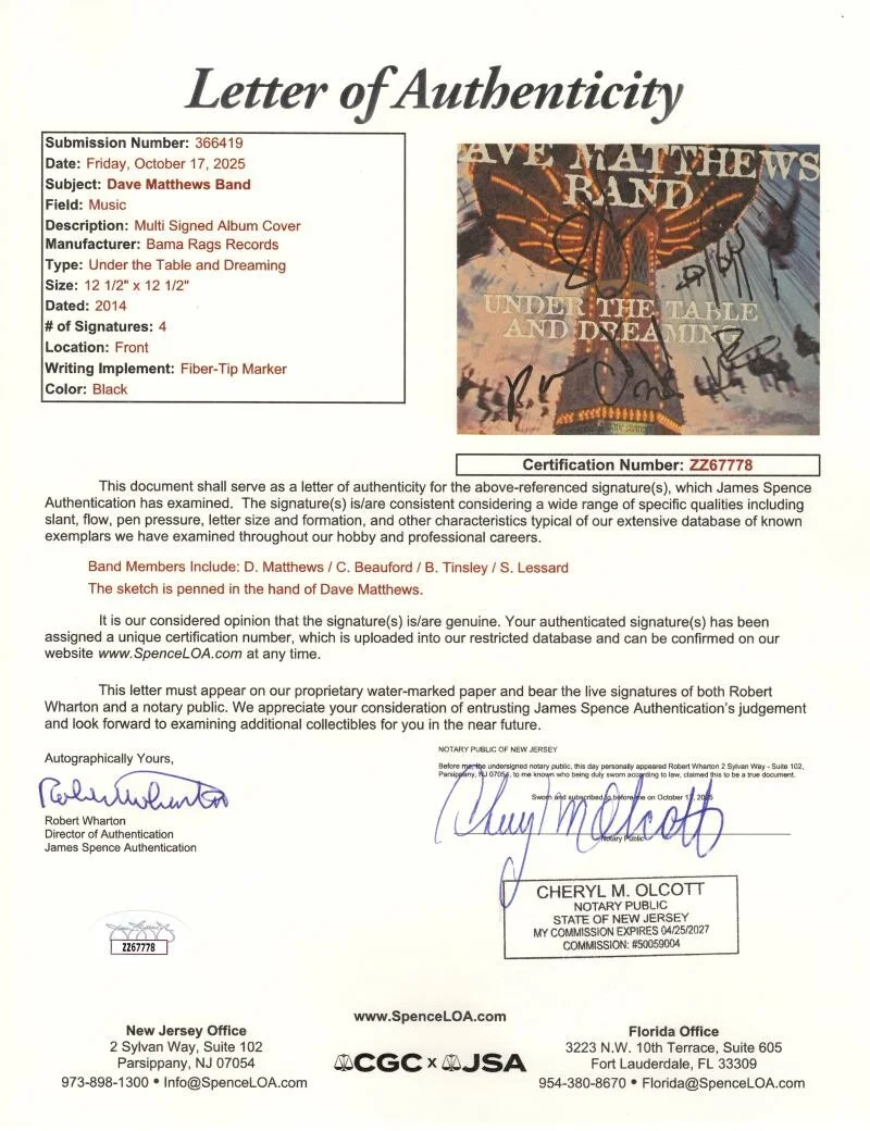 Carter Beauford, Stefan Lessard, Dave Matthews, Boyd Tinsley — Dave Matthews Band x4 Signed Autograph Album Record INFAMOUS SKETCH!! w/ JSA COA, image 4