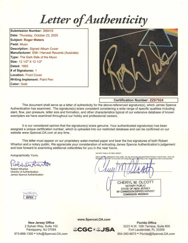 Roger Waters — Roger Waters Pink Floyd Signed Autograph Dark Side of the Moon Album Record JSA, изображение 3