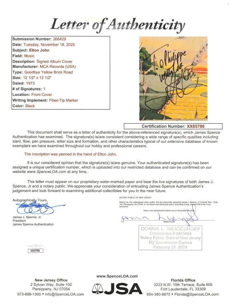 Elton John — Elton John Signed Autograph Goodbye Yellow Brick Road Album Record w/ JSA COA, изображение 3