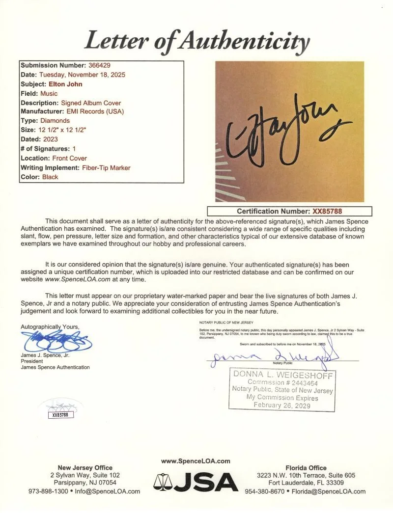 Elton John — Elton John Signed Autograph Diamonds Greatest Hits Album Vinyl Record w/ JSA COA, изображение 3