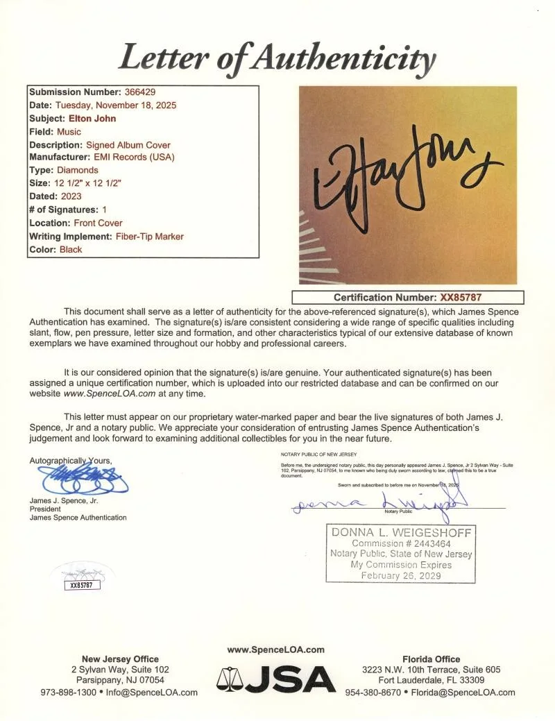 Elton John — Elton John Signed Autograph Album Vinyl Record - Diamonds Greatest Hits JSA COA, изображение 3