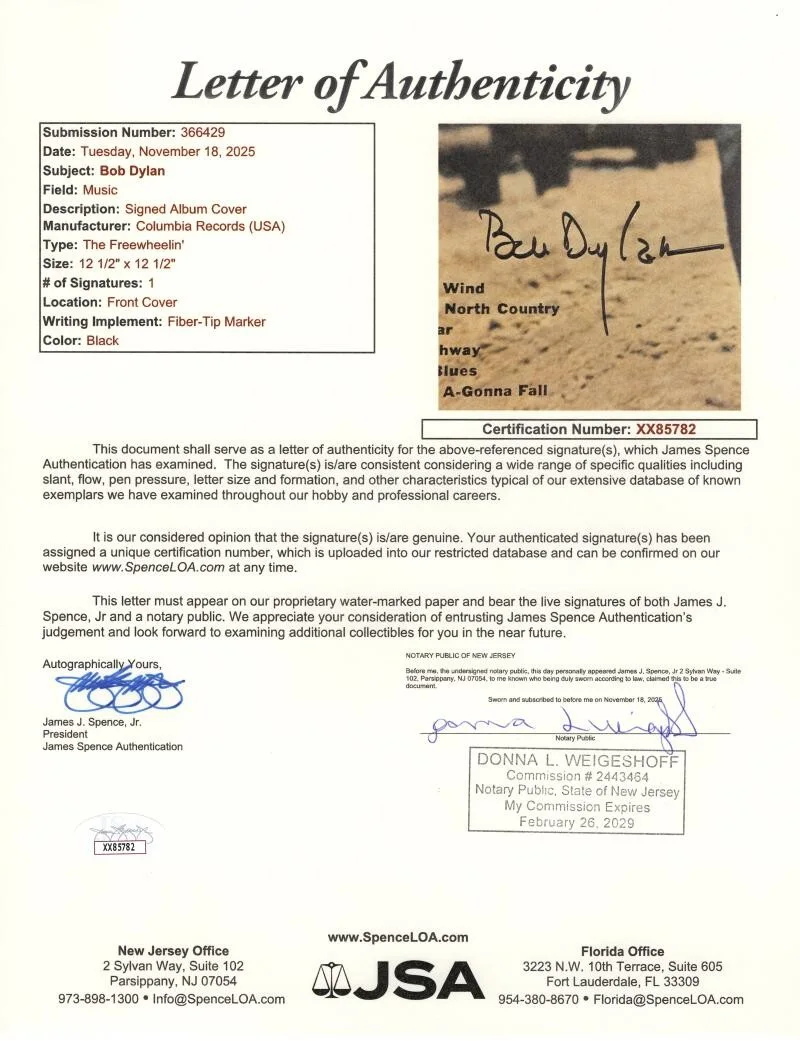 Bob Dylan — Bob Dylan Signed Autograph Album Vinyl Record LP Freewheelin w/ Rosen & JSA COA, изображение 3