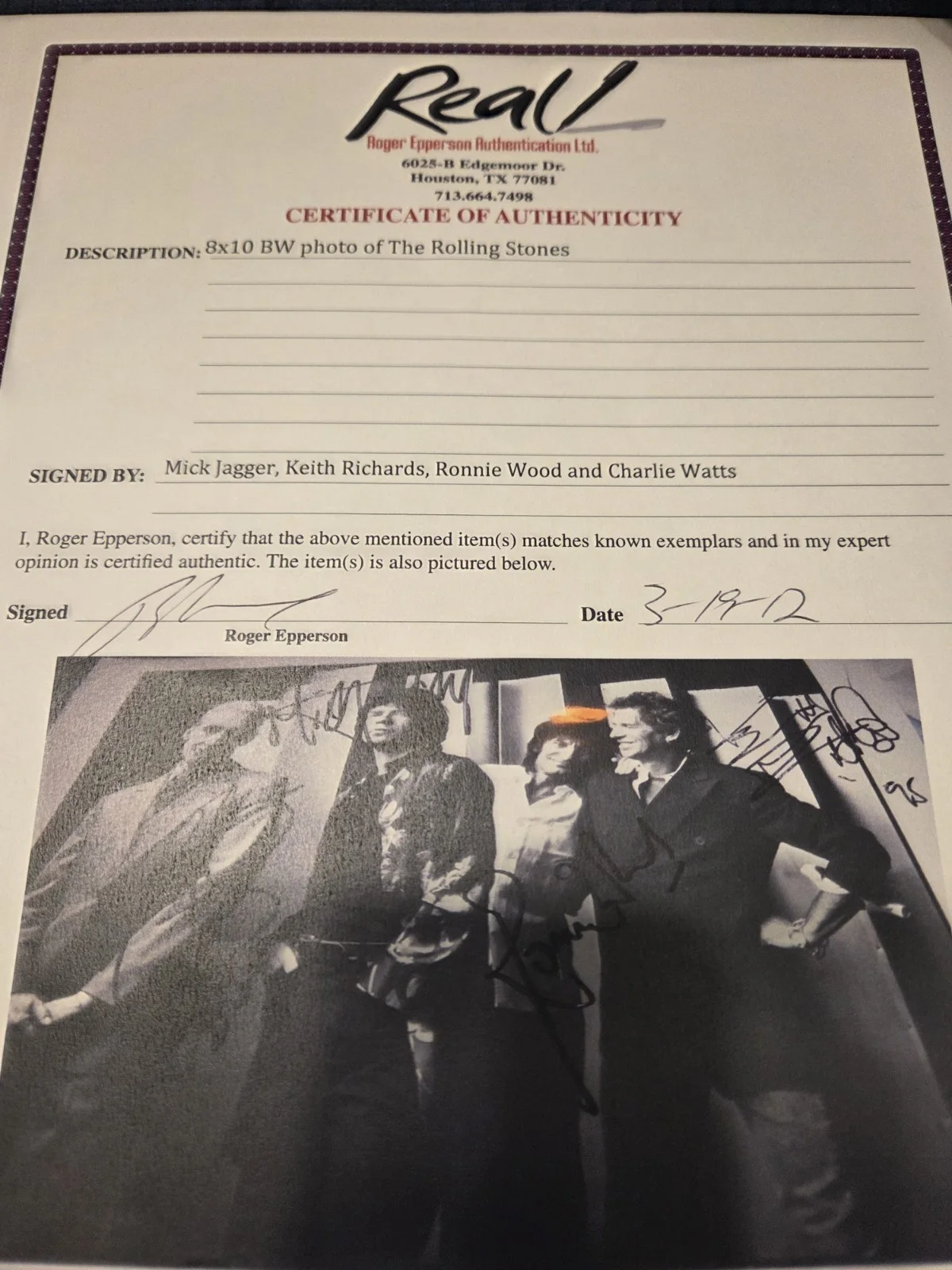 Autographed Rolling Stones 8x10 Photo/All 4/2 Certs PSA & Epperson, изображение 5