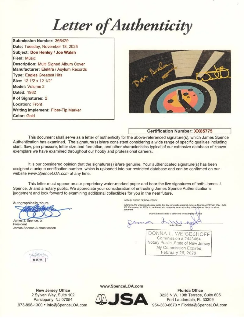 Don Henley, Joe Walsh — Don Henley & Joe Walsh Signed Autograph Eagles Greatest Hits Album Record w/ JSA, image 3