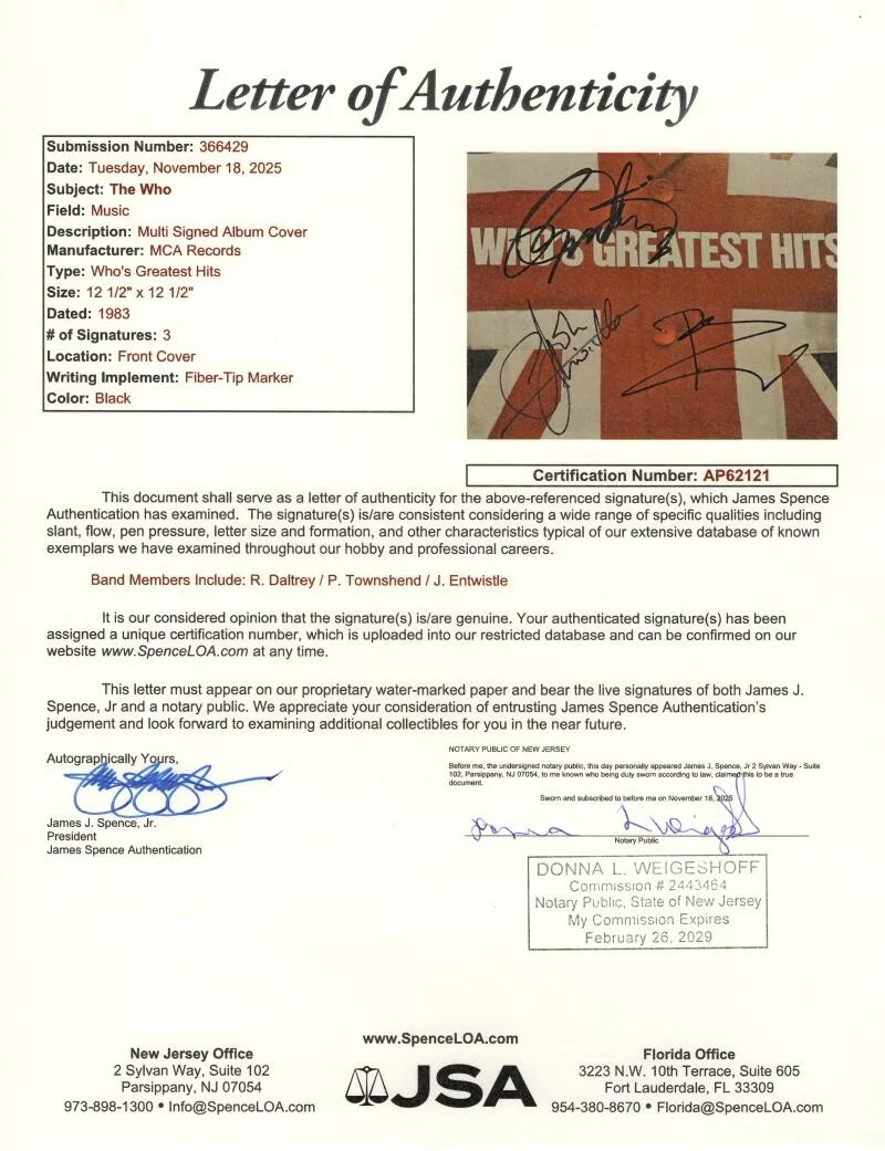Roger Daltrey, John Entwistle, Pete Townshend — The Who Band Signed Autograph Album Record Entwistle Daltrey Townshend - JSA COA, изображение 3