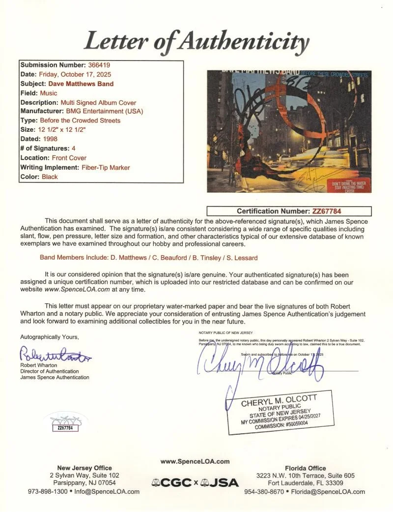 Carter Beauford, Stefan Lessard, Dave Matthews, Boyd Tinsley — Dave Matthews Band x4 Signed Autograph BTCS Original Press Album Record JSA COA, изображение 5