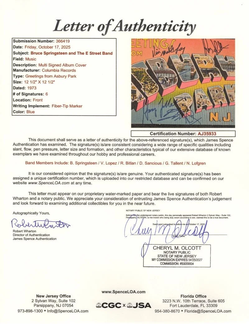 Roy Bittan, Nils Lofgren, Vini Lopez, David Sancious, Bruce Sprin — Bruce Springsteen E Street Band x6 Signed Autograph Album Record LP w/ JSA COA, изображение 3