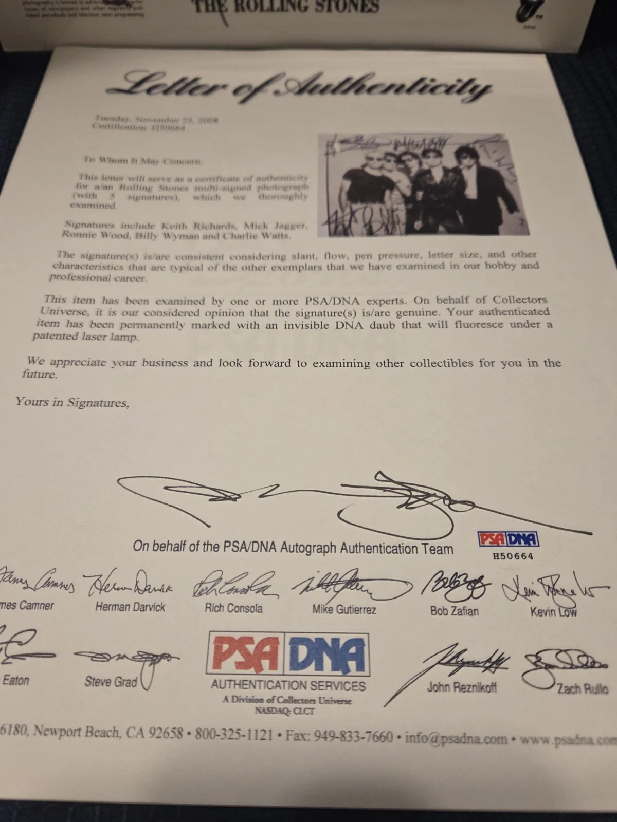Autographed Rolling Stones 8x10 Photo/All 5..Rare/Mint.. PSA Letter, image 5