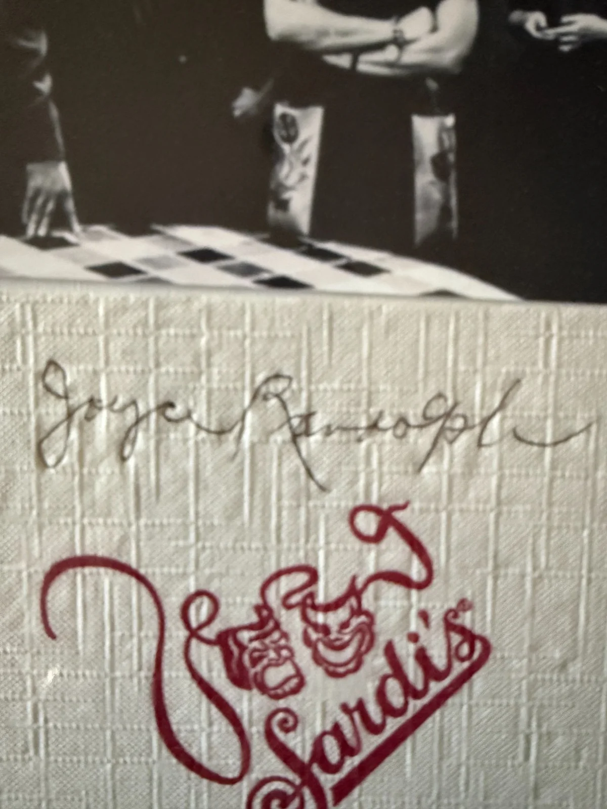 Joyce Randolph — Joyce Randolph Framed Signed Napkin with Photos, image 2