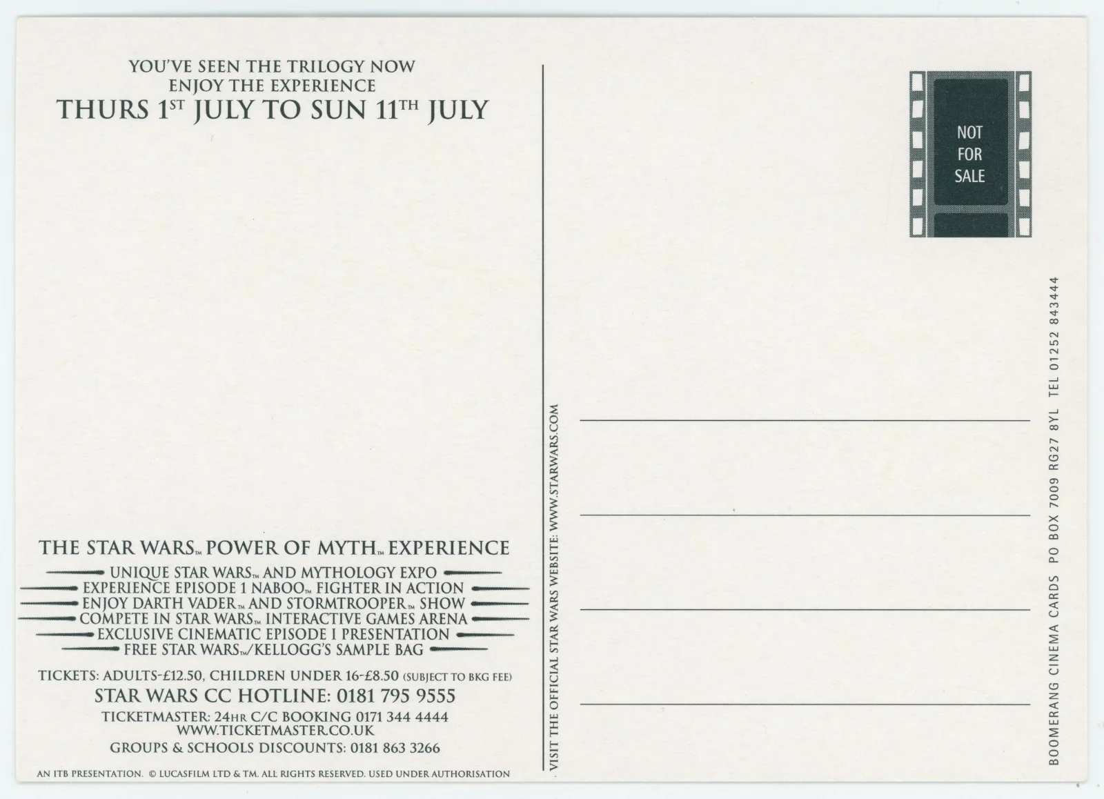 STAR WARS EXPERIENCE PROMOTIONAL POSTCARD BY BOOMERANG CIRCA 1999 UNUSED, изображение 2