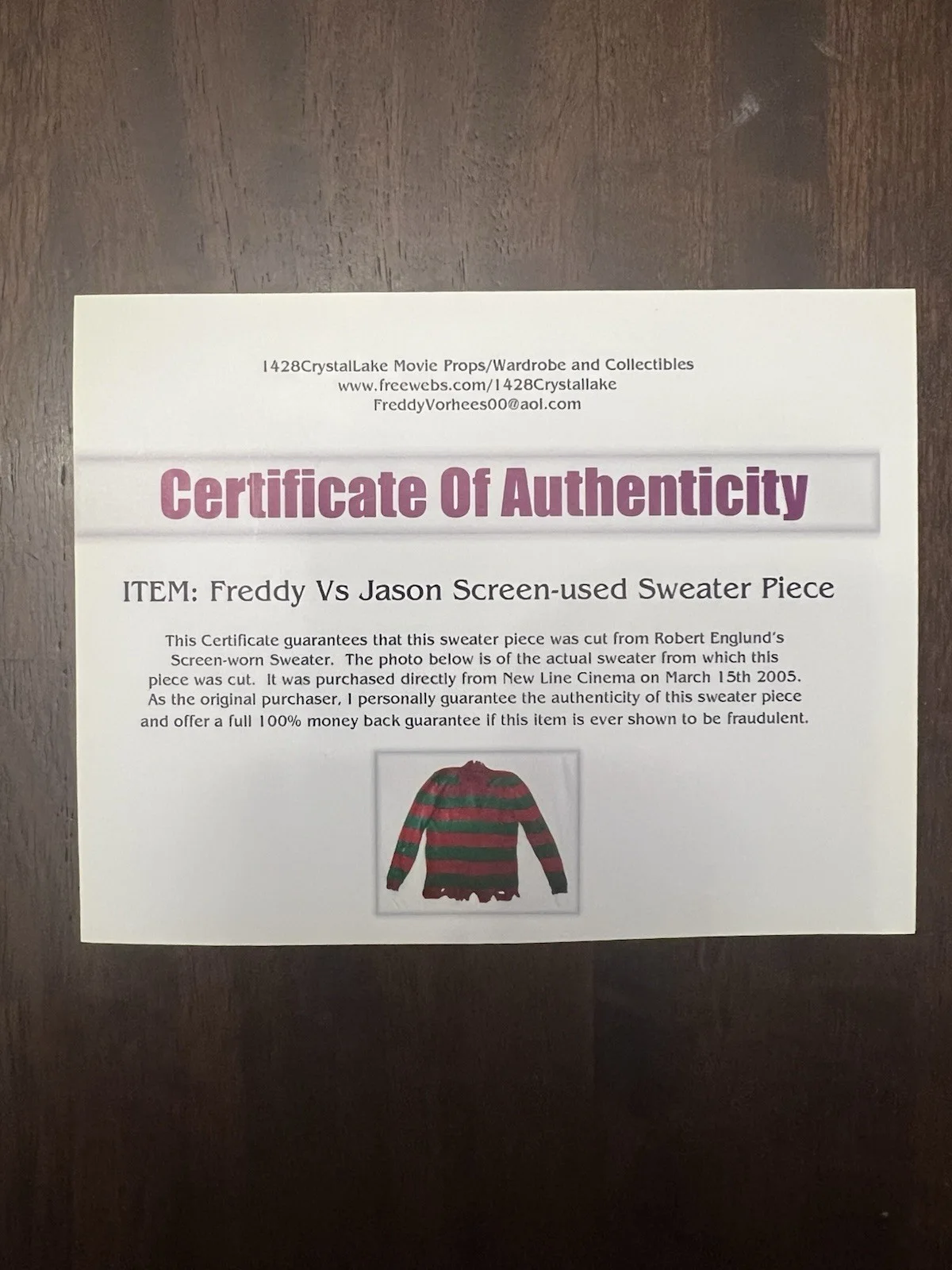 Freddy vs. Jason Autographed 8x10 With Piece Of Freddy’s Sweater & COA, изображение 2