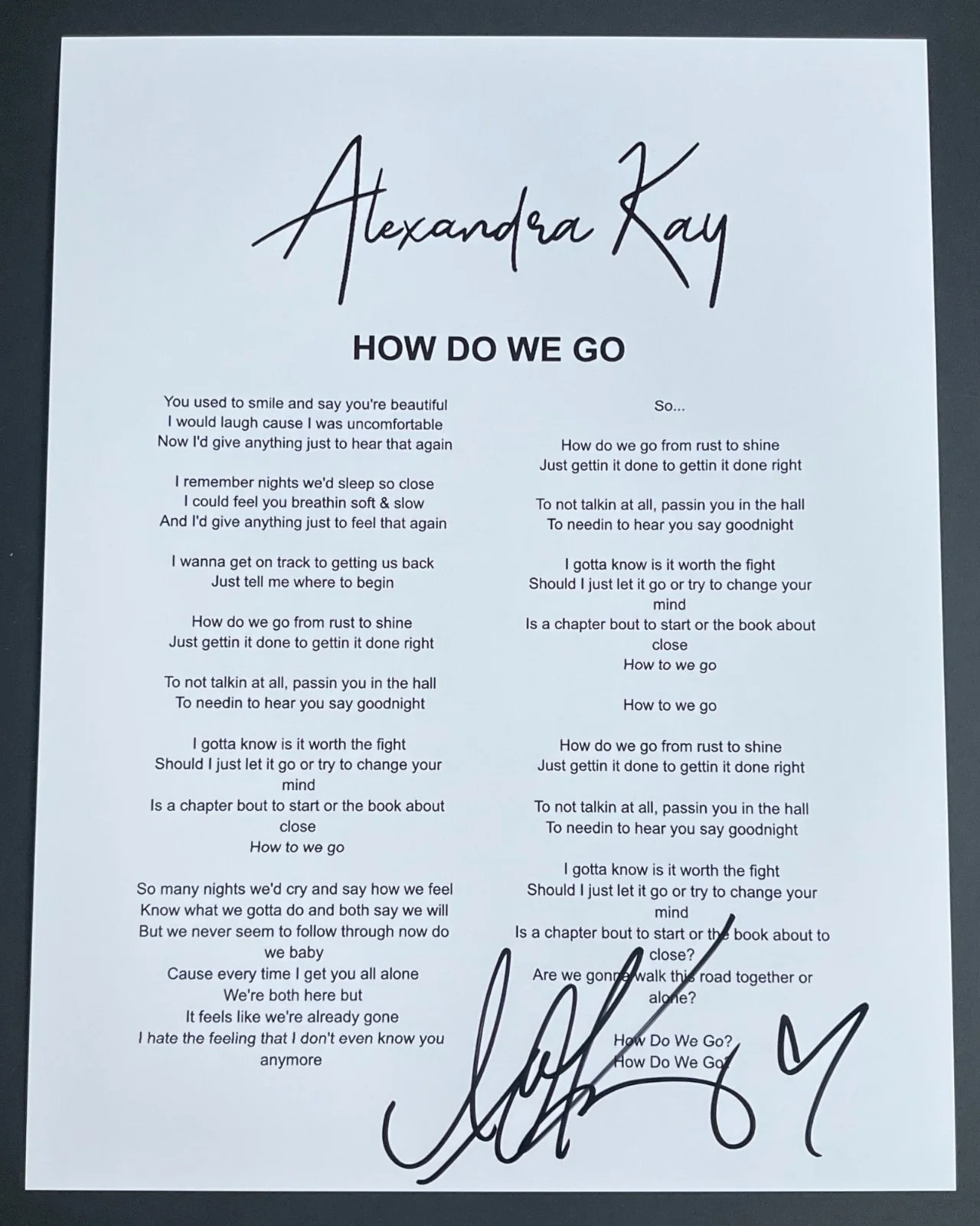 ALEXANDRA KAY SIGNED AUTOGRAPH HOW DO WE GO LYRIC SHEET w/EXACT PROOF, image 2