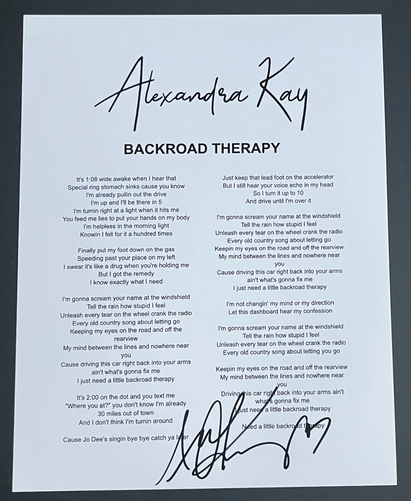 ALEXANDRA KAY SIGNED AUTOGRAPH BACKROAD THERAPY LYRIC SHEET w/EXACT PROOF, image 2