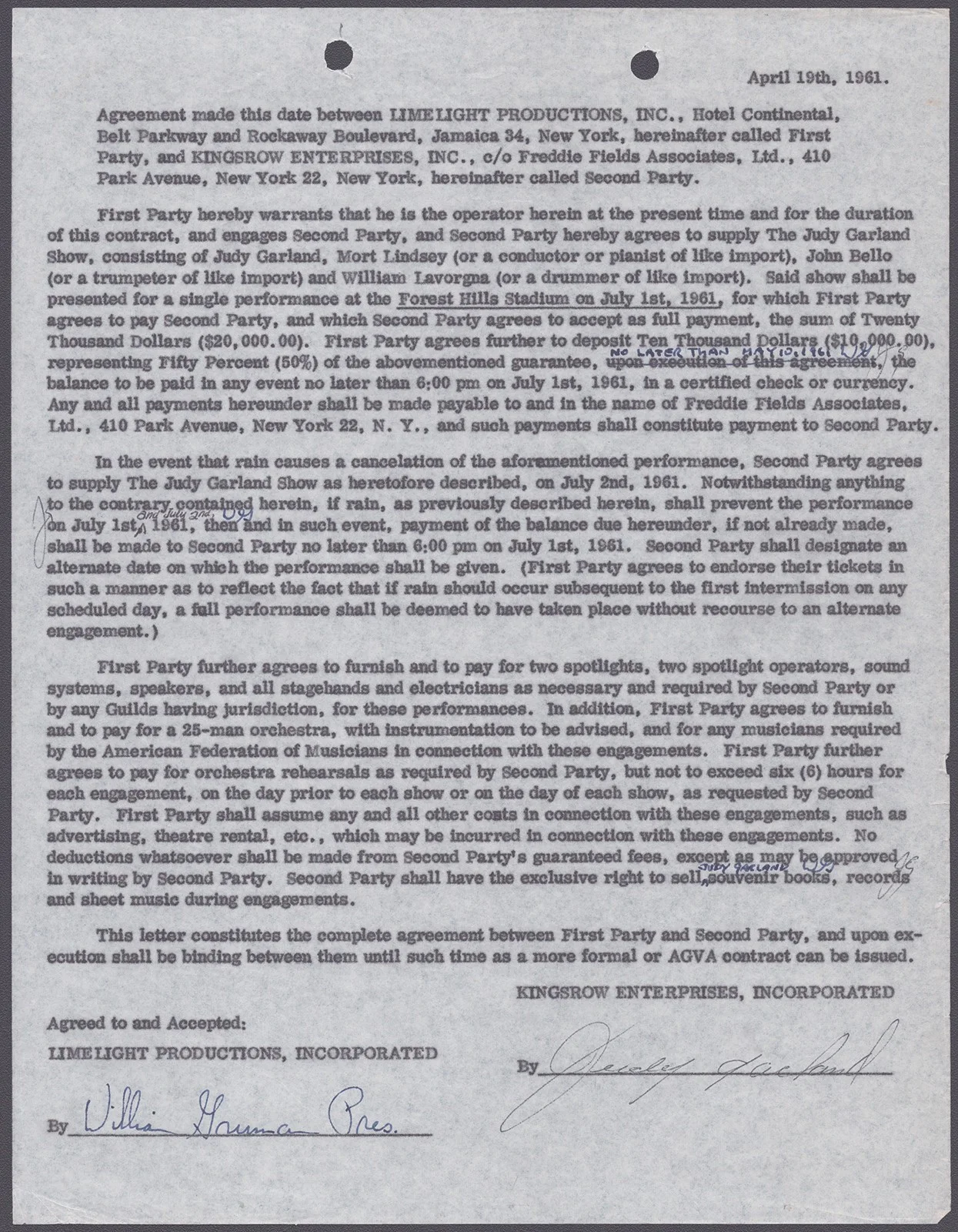 Judy Garland, William Gruman — JUDY GARLAND - DOCUMENT MULTI-SIGNED 04/19/1961 CO-SIGNED BY: WILLIAM GRUMAN